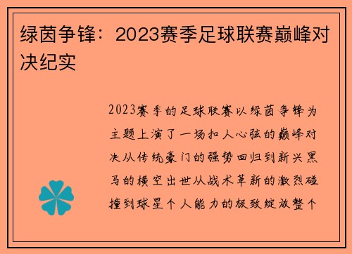 绿茵争锋：2023赛季足球联赛巅峰对决纪实