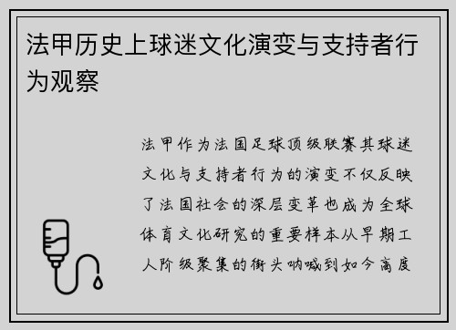 法甲历史上球迷文化演变与支持者行为观察