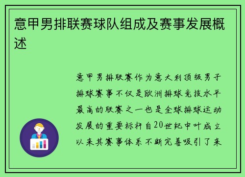 意甲男排联赛球队组成及赛事发展概述