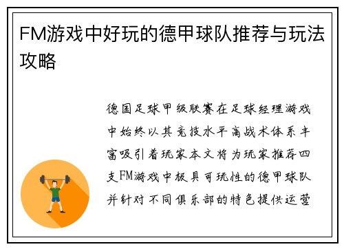 FM游戏中好玩的德甲球队推荐与玩法攻略