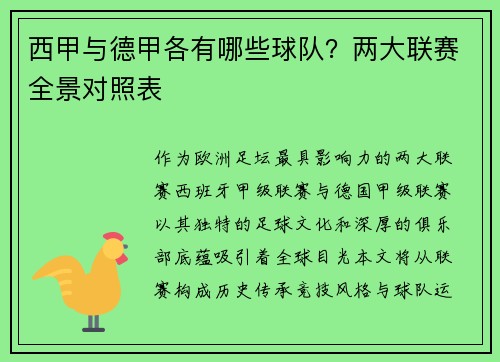 西甲与德甲各有哪些球队？两大联赛全景对照表